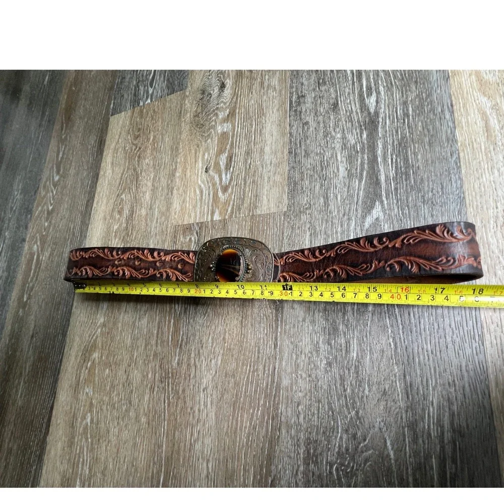 Unbranded Tooled Leather Belt Unisex 32-36 Brown Floral Western Tiger Eye Buckle